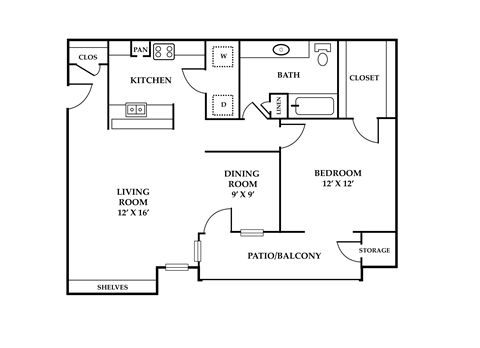 Floor plan for 1 bed, 1 bath, 802 sqft